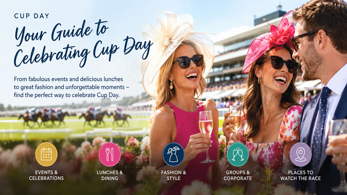 Cup Day celebrations at Flemington featuring stylish racegoers enjoying champagne, with horses racing in the background and icons highlighting events, lunches, fashion, corporate celebrations and places to watch the race.