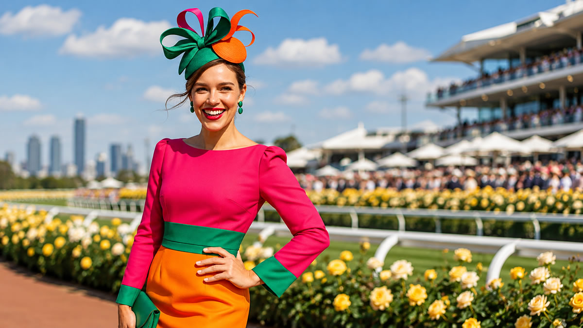 Woman wearing a vibrant pink, orange and green race day outfit with an elaborate matching fascinator at Flemington, celebrating Melbourne Cup fashion trends.