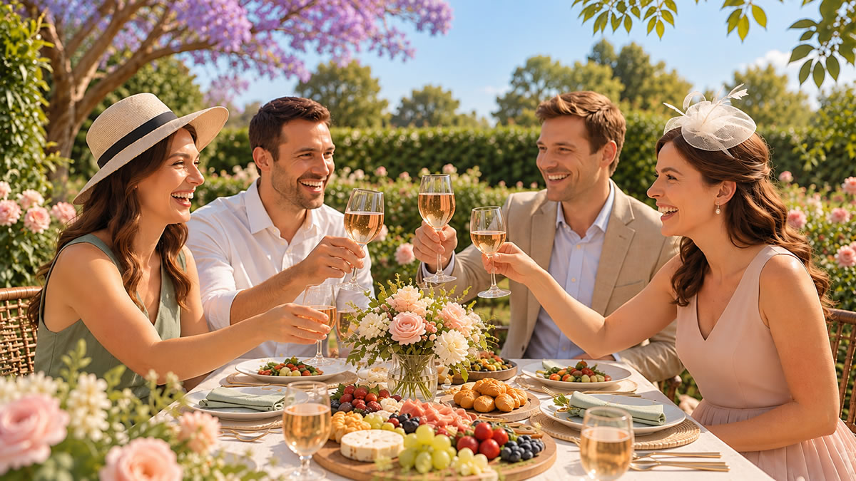 Four friends enjoying an elegant Melbourne Cup Day lunch in a sunny garden, raising wine glasses around a beautifully styled table with flowers, grazing platters and spring racing fashion.