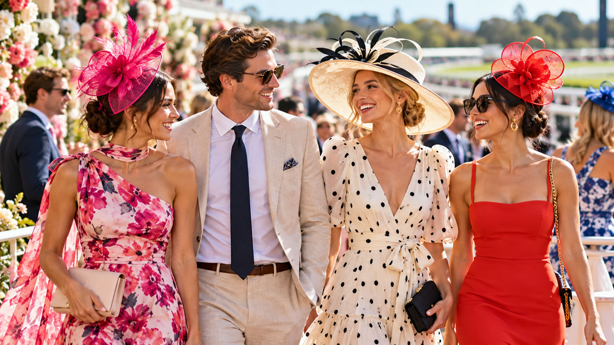 Stylishly dressed racegoers wearing suits, spring dresses, hats and fascinators for a Cup Day celebration.