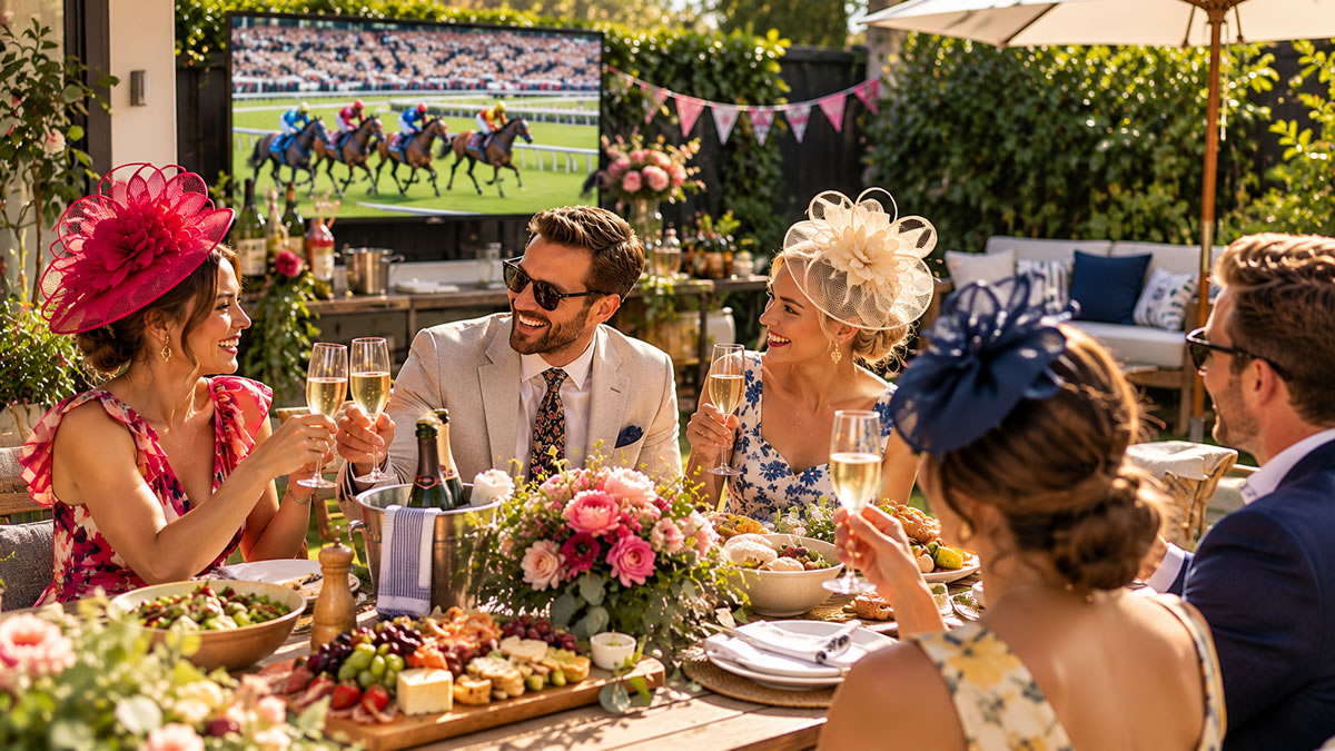 Friends dressed for Cup Day enjoying food and drinks while watching the Melbourne Cup at home.