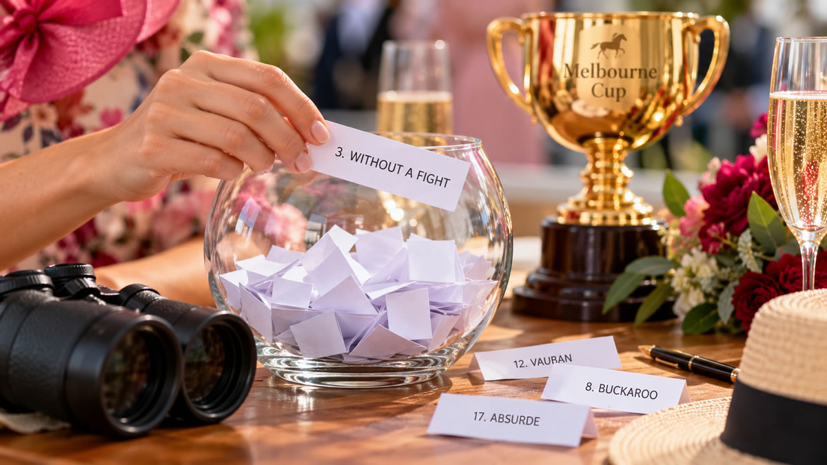 Melbourne Cup sweep with horse names being drawn from a bowl during a Cup Day celebration.