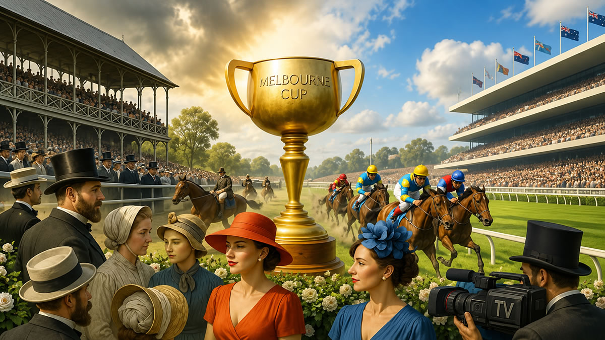 Melbourne Cup trophy surrounded by racehorses and racegoers representing the history of the Melbourne Cup.