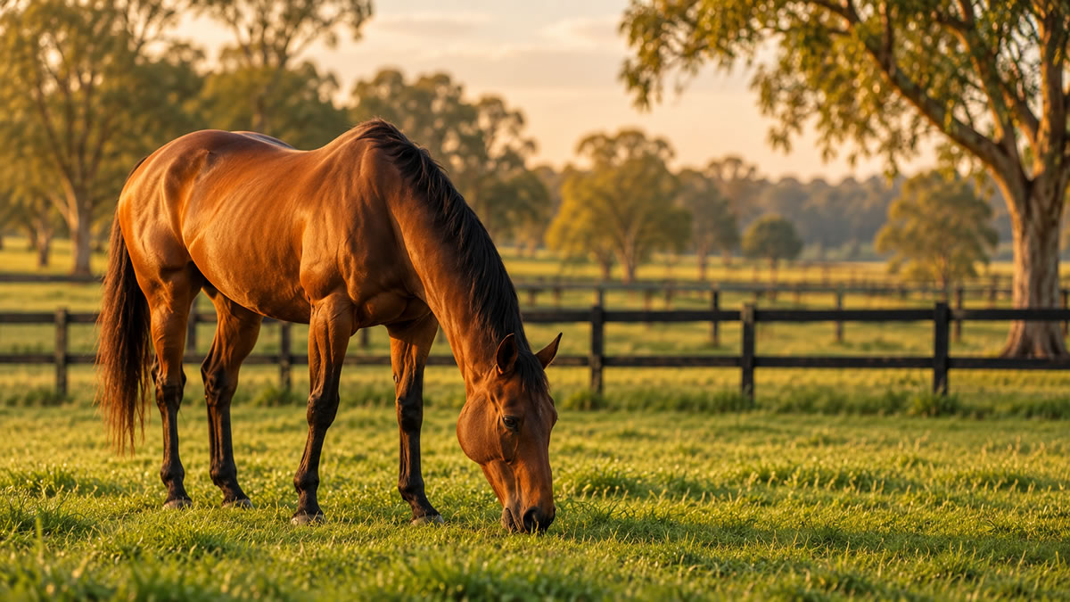 Chestnut thoroughbred horse grazing peacefully in a green paddock at sunset, representing life after retirement for Melbourne Cup winners.