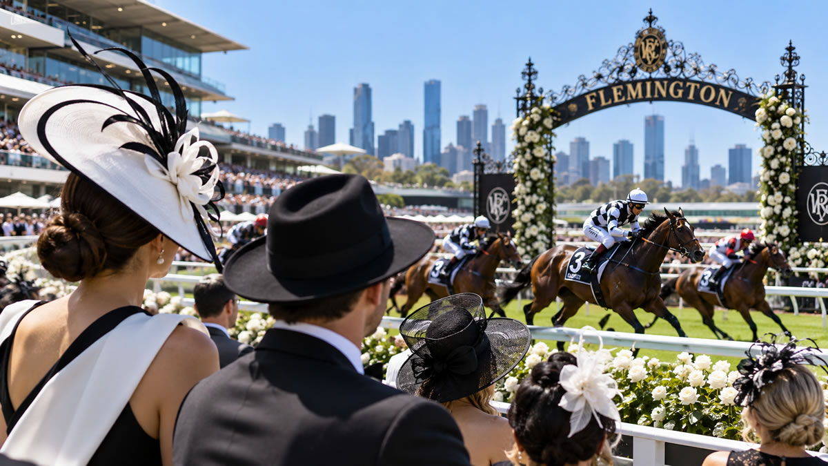 Derby Day racegoers in traditional black and white watching horse racing at Flemington.