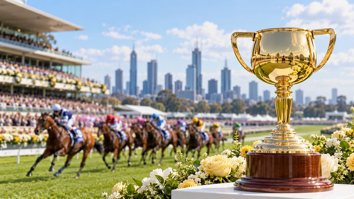 Golden Melbourne Cup trophy in the foreground with thoroughbred racehorses competing on the track, packed grandstands and the Melbourne skyline in the background.
