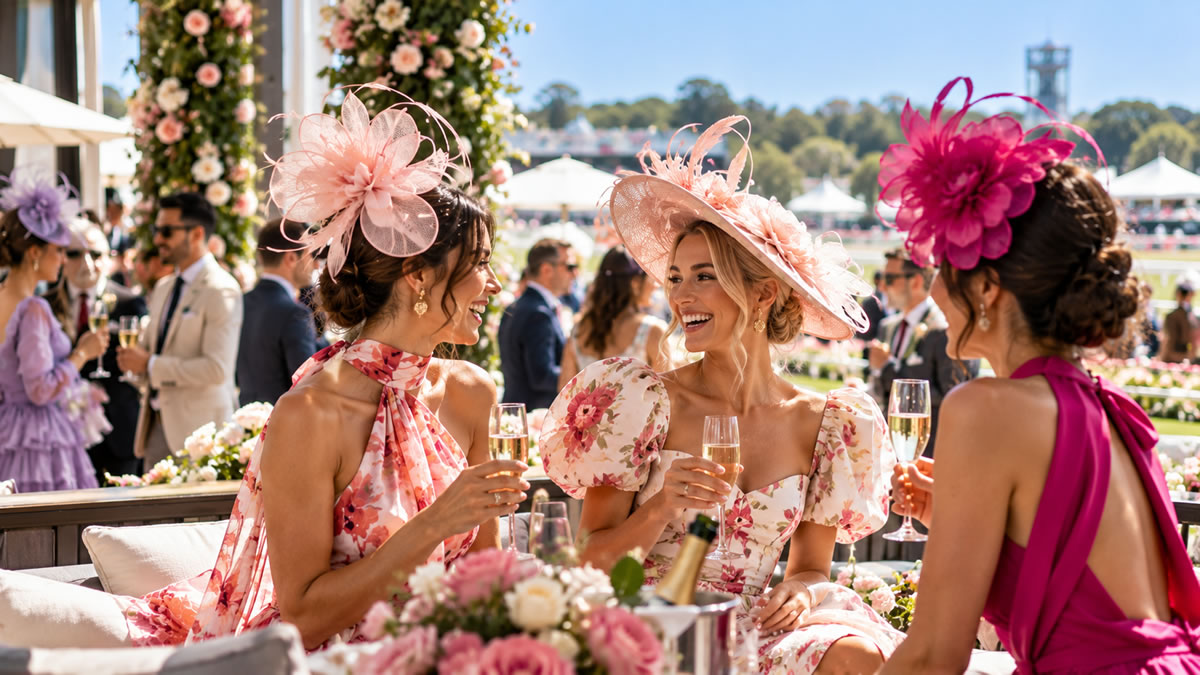 Three elegantly dressed women wearing colourful spring racewear and statement fascinators enjoying an Oaks Day celebration with champagne and floral decorations.