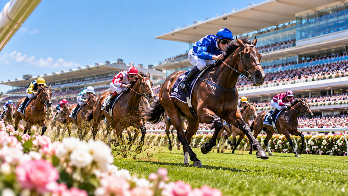 Thoroughbred racehorses and jockeys competing in a close race in front of a packed grandstand at Flemington.